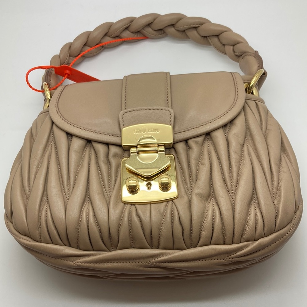 Miu Miu Bandoliera Matelasse Coffer Bag in Cammeo
